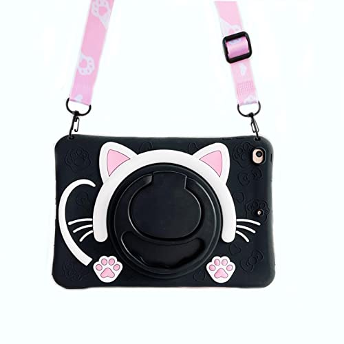 SINQERISHT Tablet Case for Samsung Galaxy Tab A7 Lite 8.7 inch 2021 | SM-T220/T225 Cover with 360° Swivel Stand/Handle Grip/Shoulder Strap, Shockproof Silicone Cover 3D Lovely Cat Case(Black) - Image 1