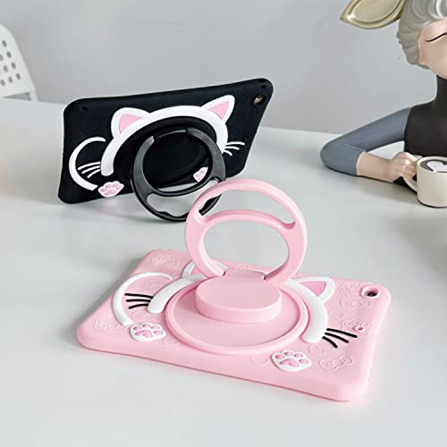 SINQERISHT Tablet Case for Samsung Galaxy Tab A7 Lite 8.7 inch 2021 | SM-T220/T225 Cover with 360° Swivel Stand/Handle Grip/Shoulder Strap, Shockproof Silicone Cover 3D Lovely Cat Case(Black) - Image 5