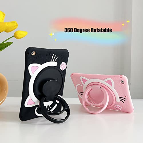 SINQERISHT Tablet Case for Samsung Galaxy Tab A7 Lite 8.7 inch 2021 | SM-T220/T225 Cover with 360° Swivel Stand/Handle Grip/Shoulder Strap, Shockproof Silicone Cover 3D Lovely Cat Case(Black) - Image 4
