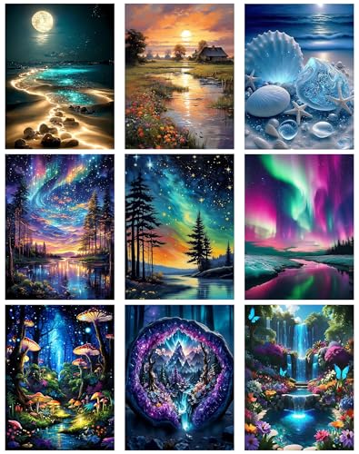 Meothan 9 Pack Diamond Art Kits for Adults Landscape Diamond Painting Kits for Adults 5D DIY Round Drill Gem Art Paint With Diamonds Dots Crafts Ste for Home Decor Gift 12x16in Beach Starry Sky Forest - Image 1