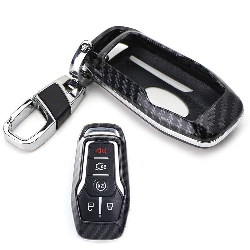 iJDMTOY Exact Fit Black Glossy Carbon Fiber Pattern Key Fob Shell w/Keychain Compatible with Ford or Lincoln 4/5-Button Intelligent Access Key - Image 1