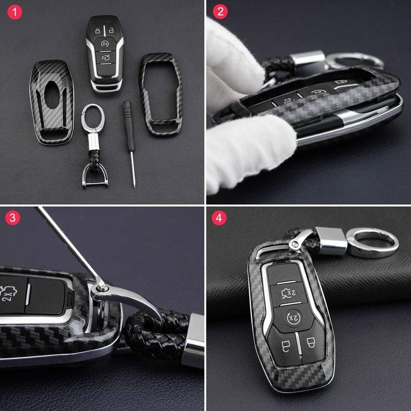 iJDMTOY Exact Fit Black Glossy Carbon Fiber Pattern Key Fob Shell w/Keychain Compatible with Ford or Lincoln 4/5-Button Intelligent Access Key - Image 5