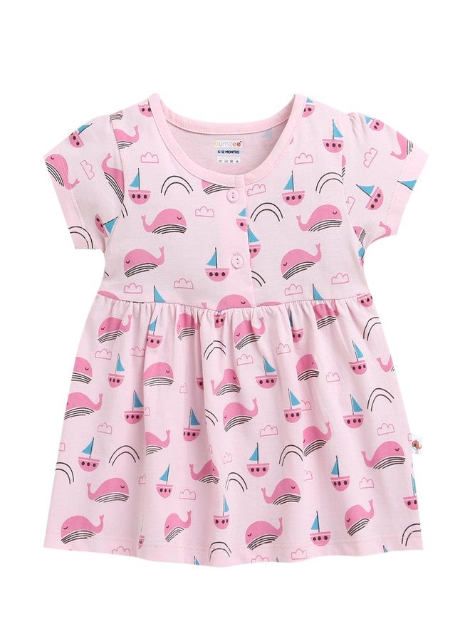 BUMZEE فستان قطني وردي فاتح بطول الركبة من بامزي للفتيات الصغيرات - مقاس 12-18 شهرًا - Image 1