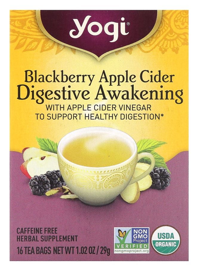 Yogi Tea Digestive Awakening Blackberry Apple Cider Caffeine Free 16 Tea Bags 1.02 oz (29 g) 