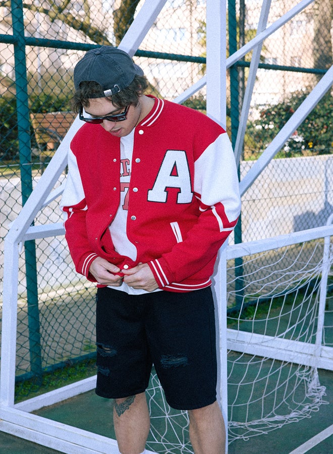 trendyol Red Oversize/Wide Cut Color Block Thick/Red-Inside Bomber Jacket - Image 1