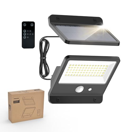 Philips Solar Security Light Outdoor LED 6500K, Solar-Powered Flood Light w/PIR Motion Sensor, Remote Control w/16ft Cable, IP65 Waterproof, 3 Modes (1) - Image 1
