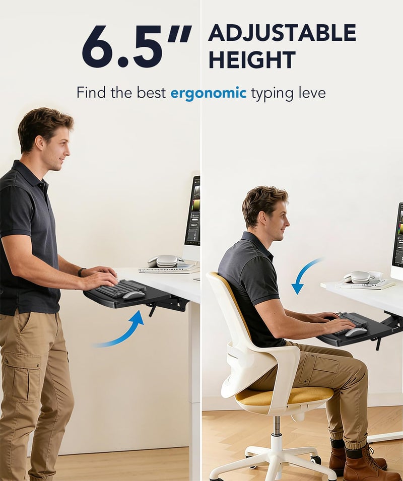 AX WABER Keyboard Tray Under Desk with Storage Drawer, Height Adjustable Keyboard Tray Slide Out 360Â° Swivel Tilt, Ergonomic Under Desk Mount Keyboard & Mouse Holder for Gaming Home Office, Black - Image 2