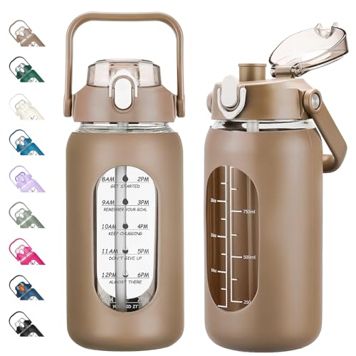 kytffu 42oz Glass Water Bottles with Straw Motivational Glass Bottle with Silicone Sleeve and Time Marker Leakproof Large Glass Water Jug for Gym Home OfficeAmber
