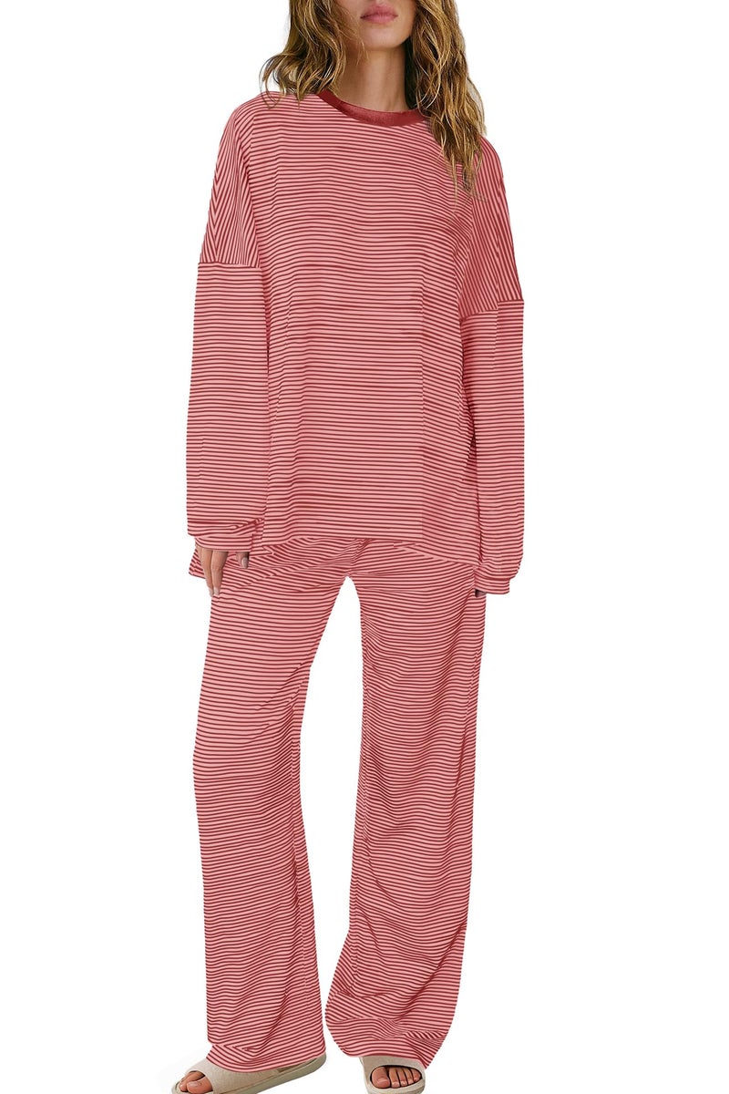Panadila Womens 2 Piece Lounge Sets Striped Long Sleeve Pajama Set Oversized Tshirts Wide Leg Pant Loungewear (Dusty Pink Combo,Medium) - Image 3