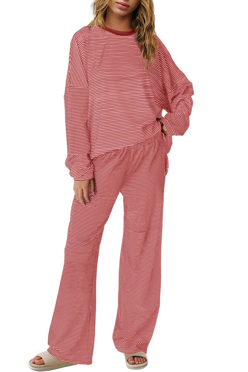 Panadila Womens 2 Piece Lounge Sets Striped Long Sleeve Pajama Set Oversized Tshirts Wide Leg Pant Loungewear (Dusty Pink Combo,Medium) - Image 1