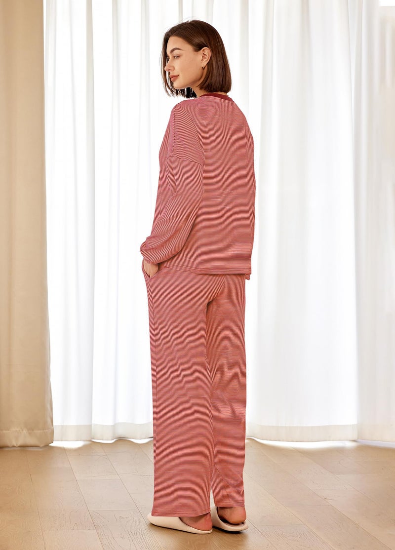 Panadila Womens 2 Piece Lounge Sets Striped Long Sleeve Pajama Set Oversized Tshirts Wide Leg Pant Loungewear (Dusty Pink Combo,Medium) - Image 4