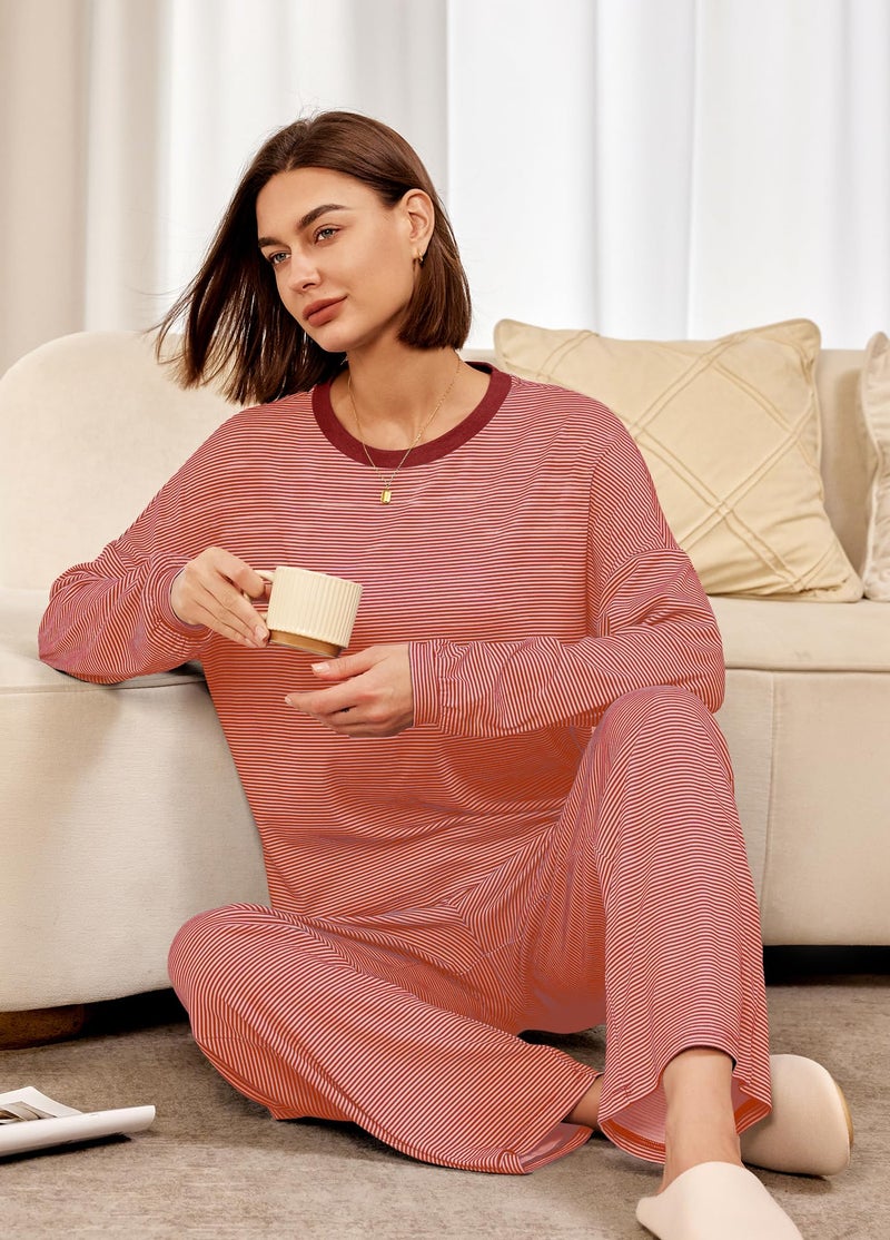 Panadila Womens 2 Piece Lounge Sets Striped Long Sleeve Pajama Set Oversized Tshirts Wide Leg Pant Loungewear (Dusty Pink Combo,Medium) - Image 5
