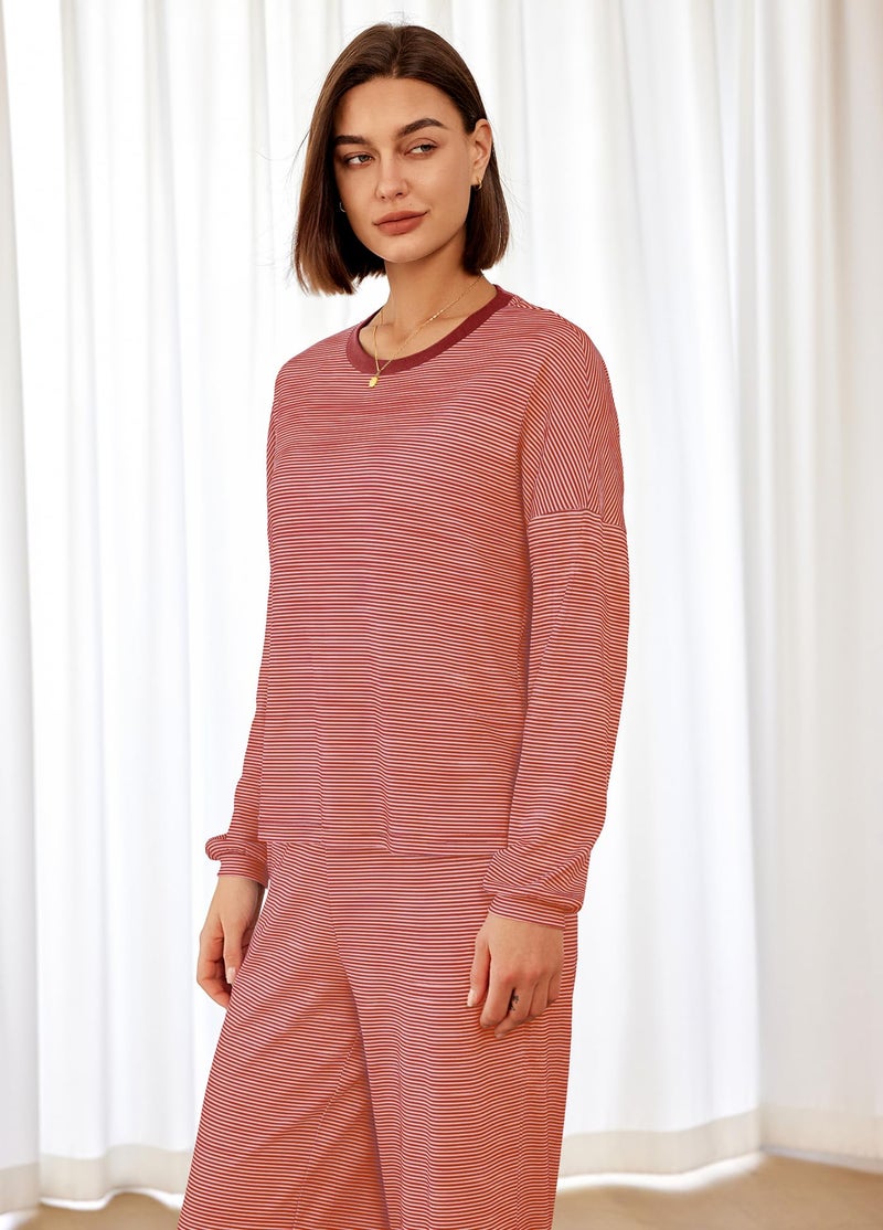 Panadila Womens 2 Piece Lounge Sets Striped Long Sleeve Pajama Set Oversized Tshirts Wide Leg Pant Loungewear (Dusty Pink Combo,Medium) - Image 2