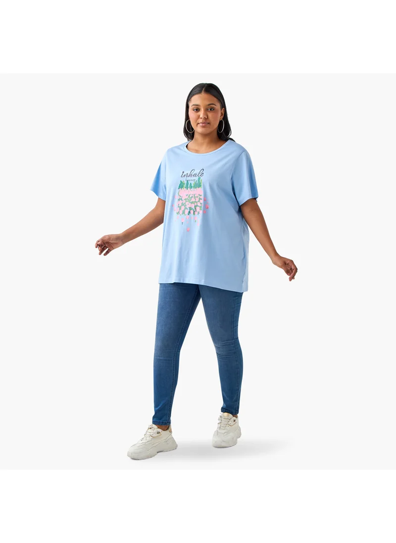 Ulla Popken Plus Size Ulla Popken Graphic Print T-shirt with Short Sleeves and Round Neck