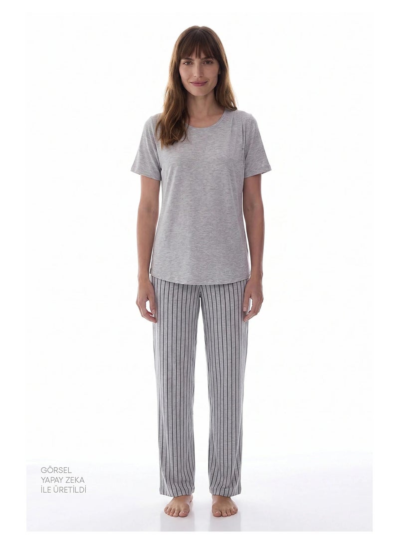 Penti Women Mama Cozy Day Short Sleeve Trousers Light Grey Melange Set - Image 1