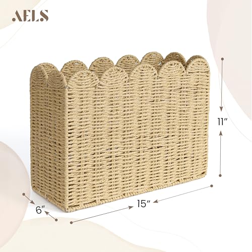 AELS Woven Natural Fibre Magazine Holder Scalloped Edge Floor Magazine Rack Handwoven Organizer Boho Modern Farmhouse Book Basket File Newspaper Mail Holder for Office - Image 3