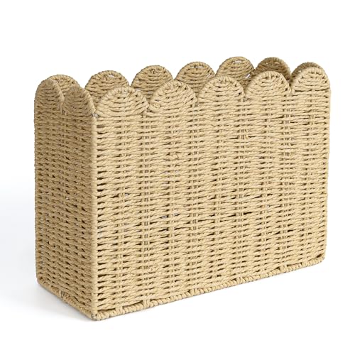 AELS Woven Natural Fibre Magazine Holder Scalloped Edge Floor Magazine Rack Handwoven Organizer Boho Modern Farmhouse Book Basket File Newspaper Mail Holder for Office - Image 1