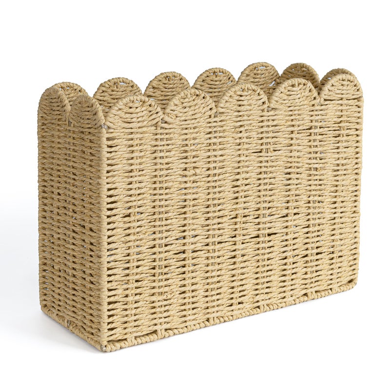 AELS Woven Natural Fibre Magazine Holder Scalloped Edge Floor Magazine Rack Handwoven Organizer Boho Modern Farmhouse Book Basket File Newspaper Mail Holder for Office - Image 2