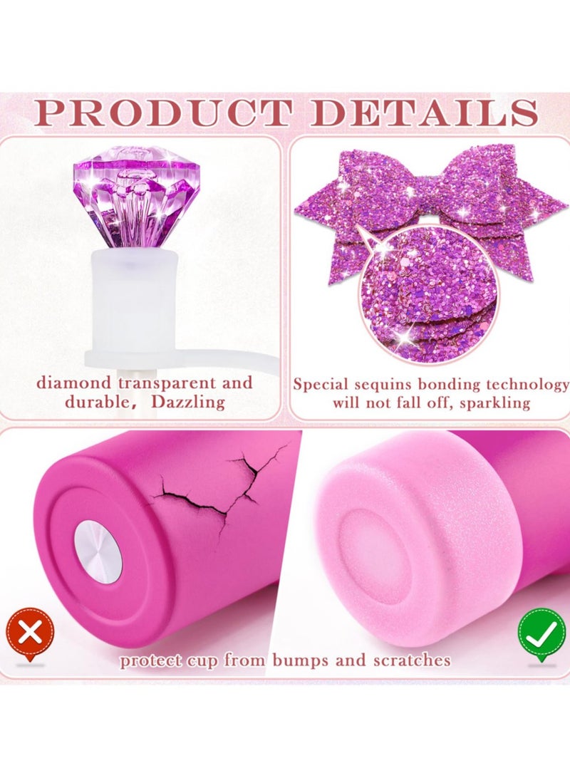 ريما مجموعة اكسسوارات كوب ستانلي 40 اونصة 30 اونصة غطاء مصاصة ماسة كريستال فيونكة ترتر قاعدة سيليكون حماية واقي سفلي ترمس مج لامع طقم هدايا للبنات وردي ابيض (包含了 - Image 2