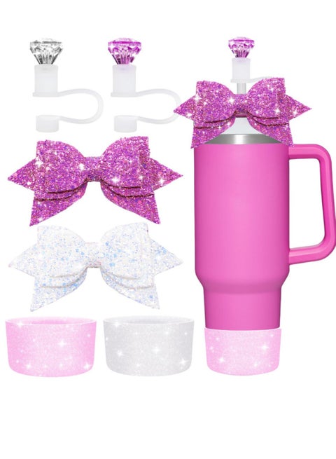 Stanley Cup Accessories Set 40oz 30oz Tumbler Glitter Silicone Boot Sleeve Bottom Protector Sparkling Sequin Bow Diamond Straw Cover Cap Topper Charms Kit Pink White