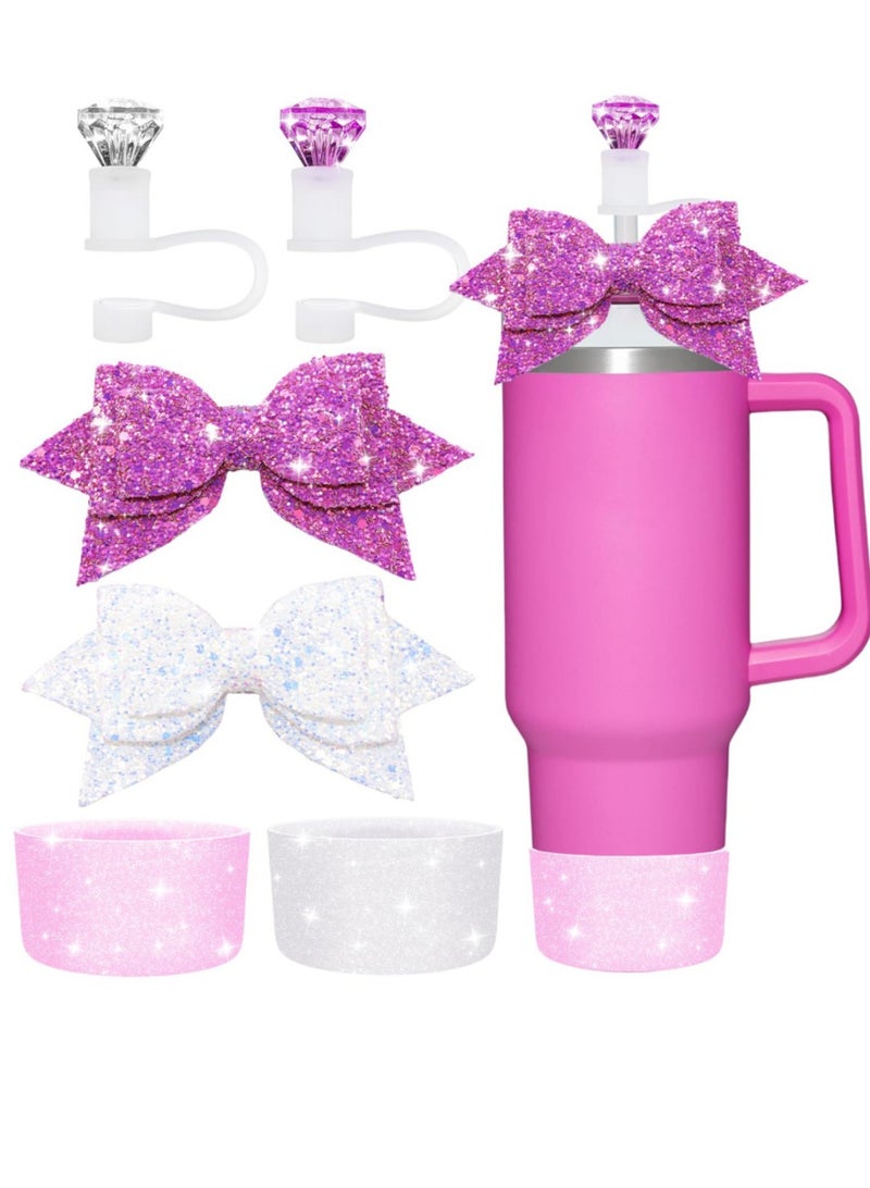 ريما مجموعة اكسسوارات كوب ستانلي 40 اونصة 30 اونصة غطاء مصاصة ماسة كريستال فيونكة ترتر قاعدة سيليكون حماية واقي سفلي ترمس مج لامع طقم هدايا للبنات وردي ابيض (包含了 - Image 1