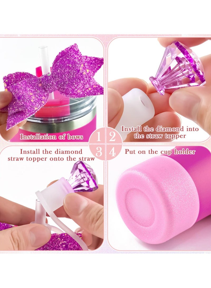 ريما مجموعة اكسسوارات كوب ستانلي 40 اونصة 30 اونصة غطاء مصاصة ماسة كريستال فيونكة ترتر قاعدة سيليكون حماية واقي سفلي ترمس مج لامع طقم هدايا للبنات وردي ابيض (包含了 - Image 3