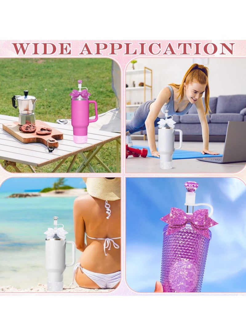 ريما مجموعة اكسسوارات كوب ستانلي 40 اونصة 30 اونصة غطاء مصاصة ماسة كريستال فيونكة ترتر قاعدة سيليكون حماية واقي سفلي ترمس مج لامع طقم هدايا للبنات وردي ابيض (包含了 - Image 4