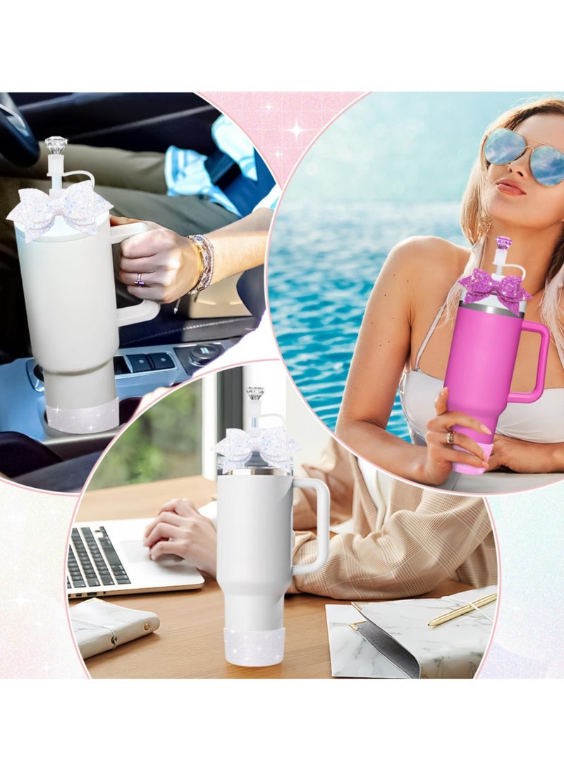 ريما مجموعة اكسسوارات كوب ستانلي 40 اونصة 30 اونصة غطاء مصاصة ماسة كريستال فيونكة ترتر قاعدة سيليكون حماية واقي سفلي ترمس مج لامع طقم هدايا للبنات وردي ابيض (包含了 - Image 5