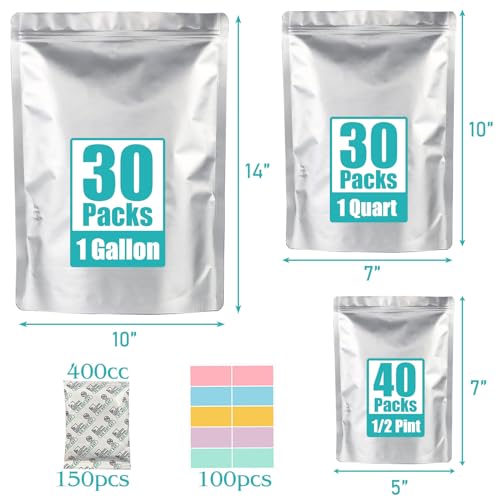 SHXWELL 100pcs Mylar Bags for Food Storage 12 Mil Thick with 150x400cc Oxygen Absorbers & Labels, 3 Sizes (1 Gallon, 1 Quart, 1/2 Pint) - Stand-Up, Resealable & Heat Sealable for Long Term Food Storage - Image 2