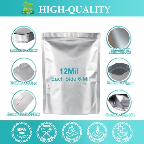 SHXWELL 100pcs Mylar Bags for Food Storage 12 Mil Thick with 150x400cc Oxygen Absorbers & Labels, 3 Sizes (1 Gallon, 1 Quart, 1/2 Pint) - Stand-Up, Resealable & Heat Sealable for Long Term Food Storage - Image 3