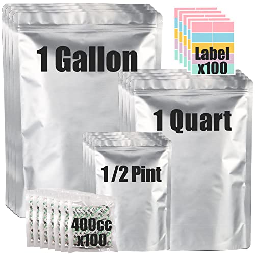 SHXWELL 100pcs Mylar Bags for Food Storage 12 Mil Thick with 150x400cc Oxygen Absorbers & Labels, 3 Sizes (1 Gallon, 1 Quart, 1/2 Pint) - Stand-Up, Resealable & Heat Sealable for Long Term Food Storage - Image 1