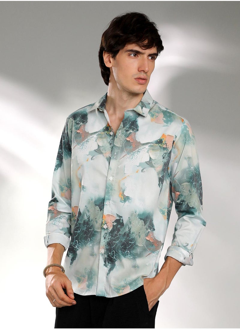 Campus Sutra Men's Jungle Green Faded Bloom Shirt  - Image 3