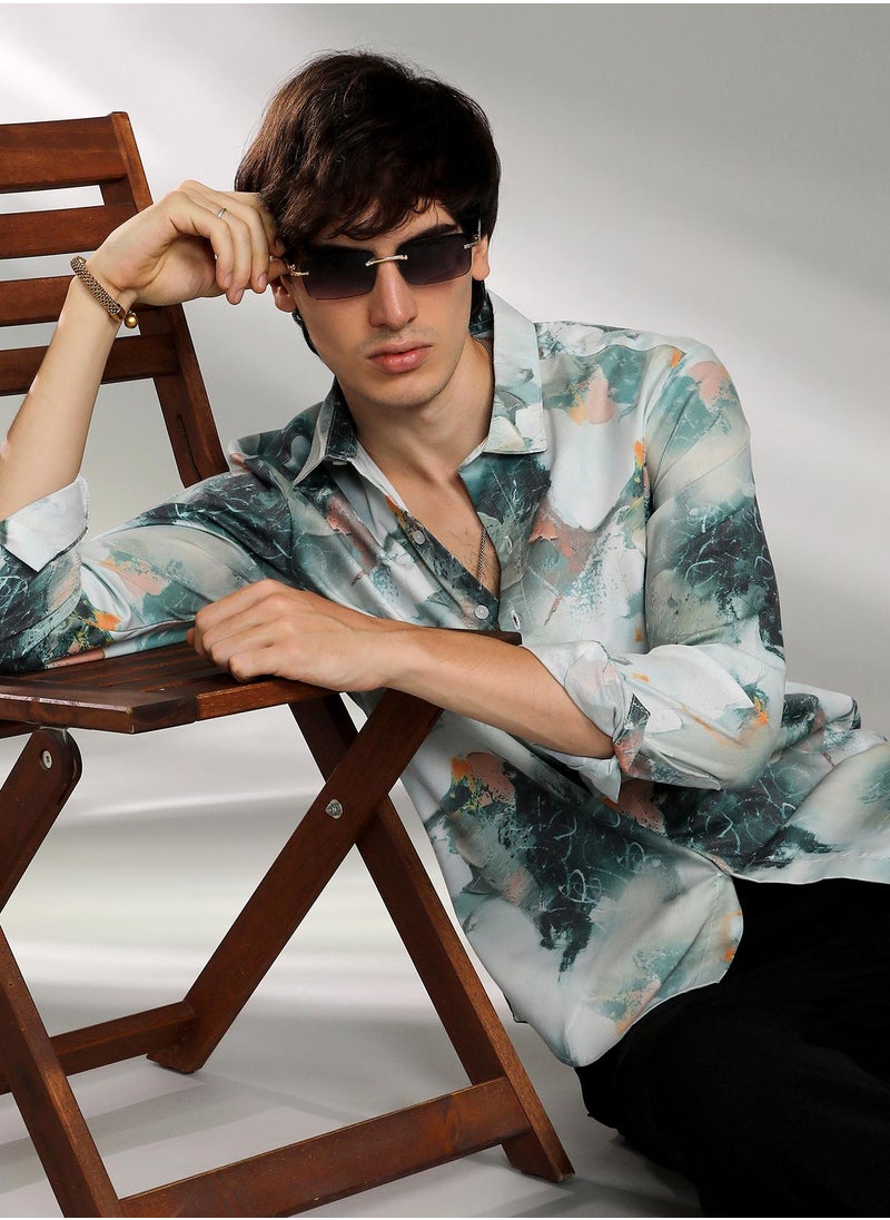 Campus Sutra Men's Jungle Green Faded Bloom Shirt  - Image 1