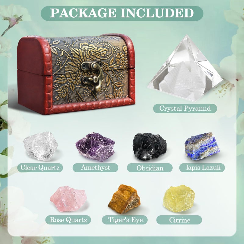 TATOODAA Crystals and Healing Stones, 9 Pcs Healing Crystals Set, 7 Chakra Crystal Stones Set Real Natural Raw Selenite Pyramid Reiki Energy Meditation Chakra Kit with Wooden Box, Crystal Gifts Set for Women - Image 2
