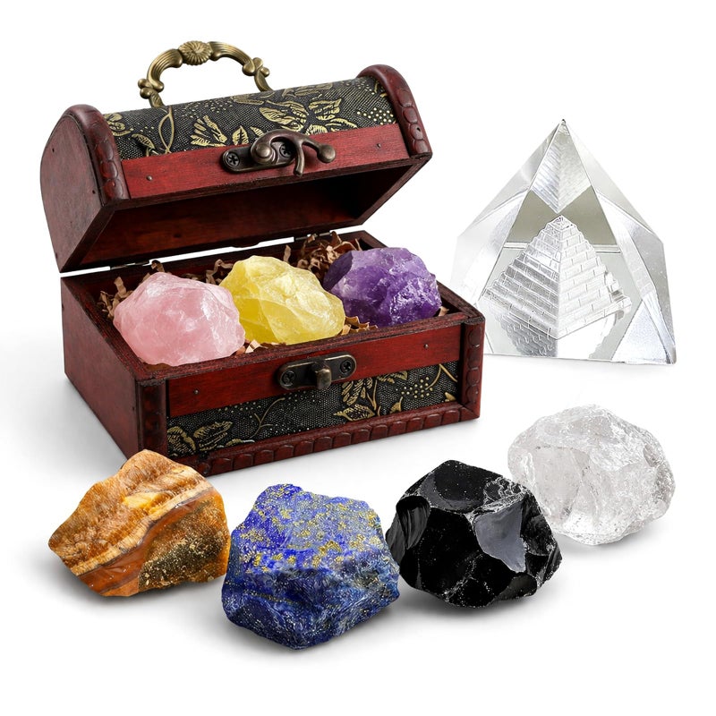 TATOODAA Crystals and Healing Stones, 9 Pcs Healing Crystals Set, 7 Chakra Crystal Stones Set Real Natural Raw Selenite Pyramid Reiki Energy Meditation Chakra Kit with Wooden Box, Crystal Gifts Set for Women - Image 1