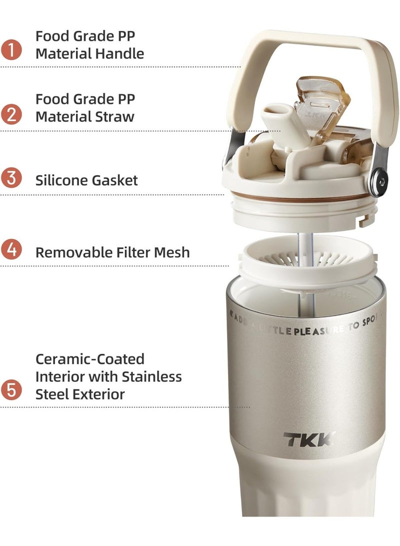 TKK 24 oz Ceramic Coated Tumbler with Straw Lid, 18/10 Stainless Steel Vacuum Leakproof Double Walled Car Cup with Handle & Tea Infuser& Dishwasher Safe, for Hot & Cold Drinks,Porcelain White - Image 5