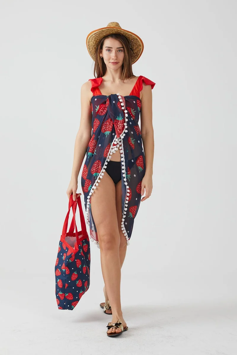 Ays Home Fashion Strawberry Pattern Pompom Pareo Beach Dress