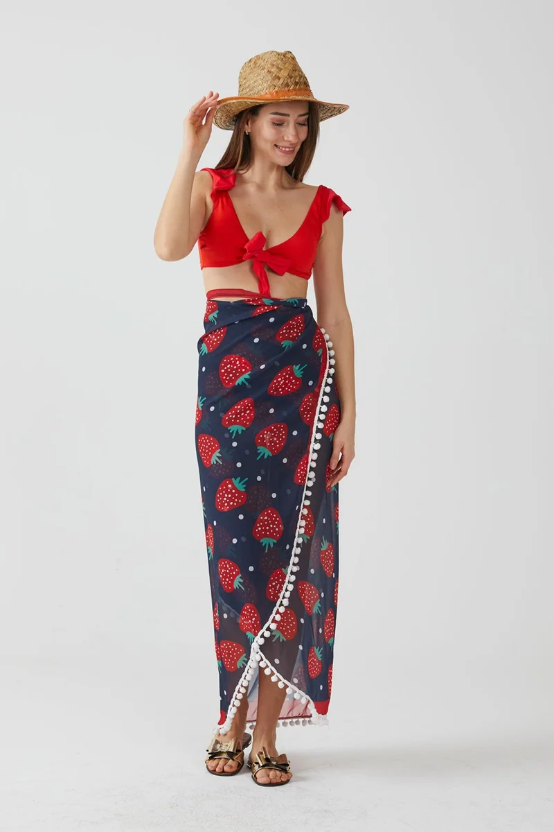 Ays Home Fashion Strawberry Pattern Pompom Pareo Beach Dress