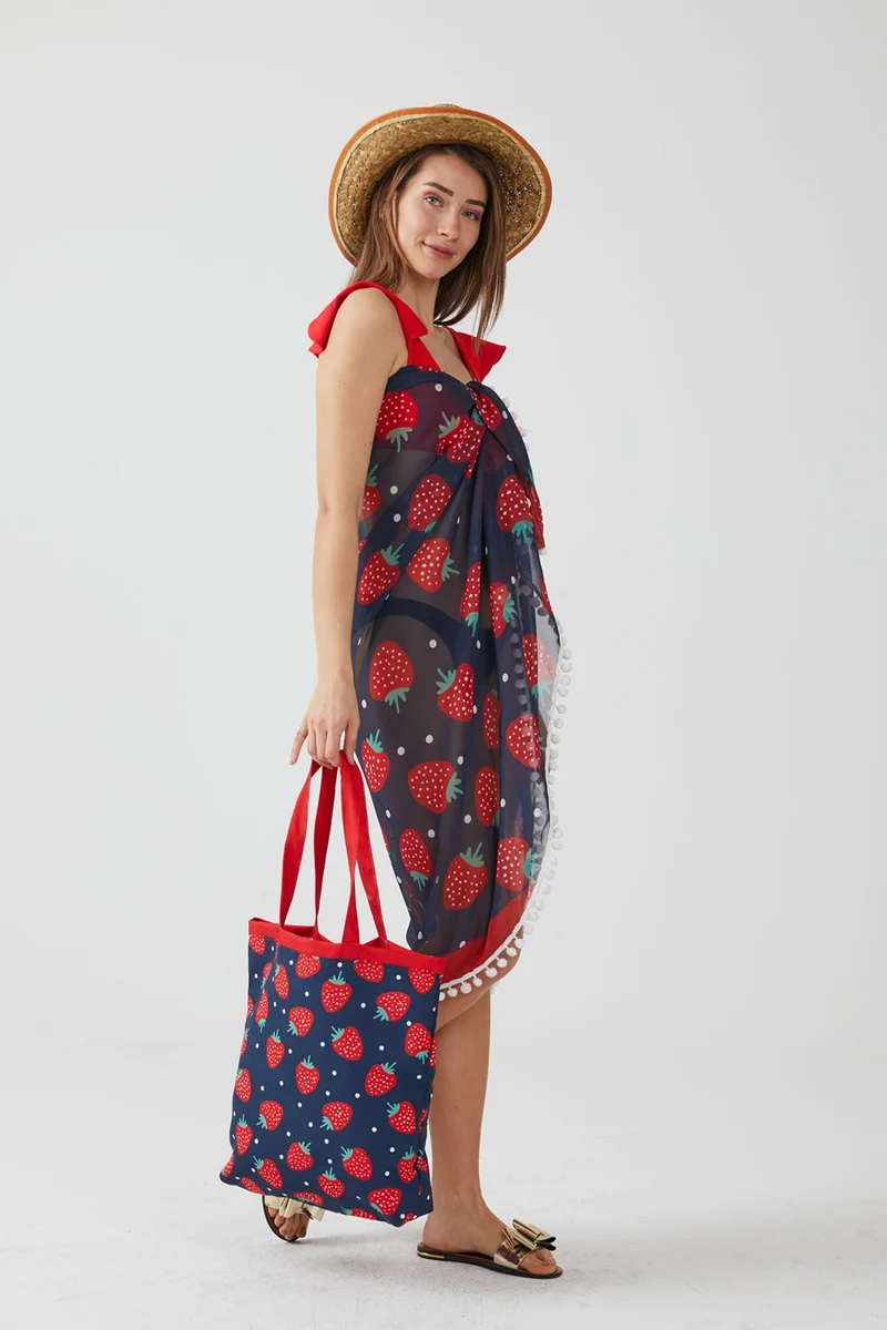 Ays Home Fashion Strawberry Pattern Pompom Pareo Beach Dress