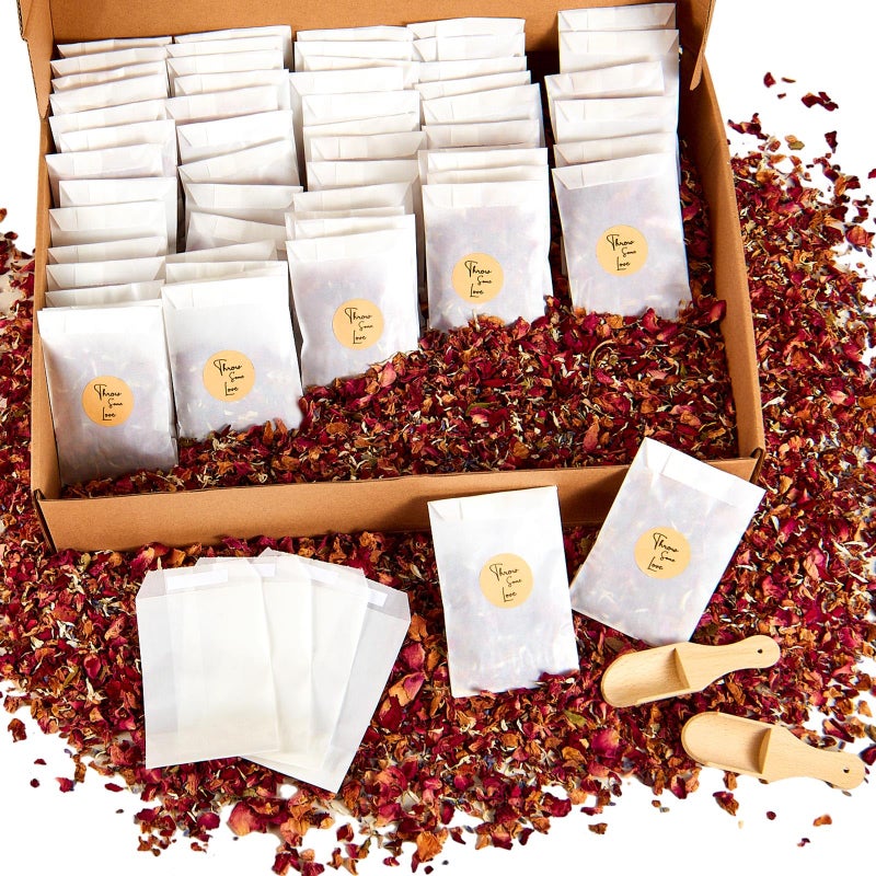 Tenare 100 Sets Wedding Confetti Bags Kit with Display Box for 100 Guests Includes Glassine Confetti Bags Natural Dried Rose Petals and Stickers Wooden Scoop for Wedding Engagement Anniversary Party