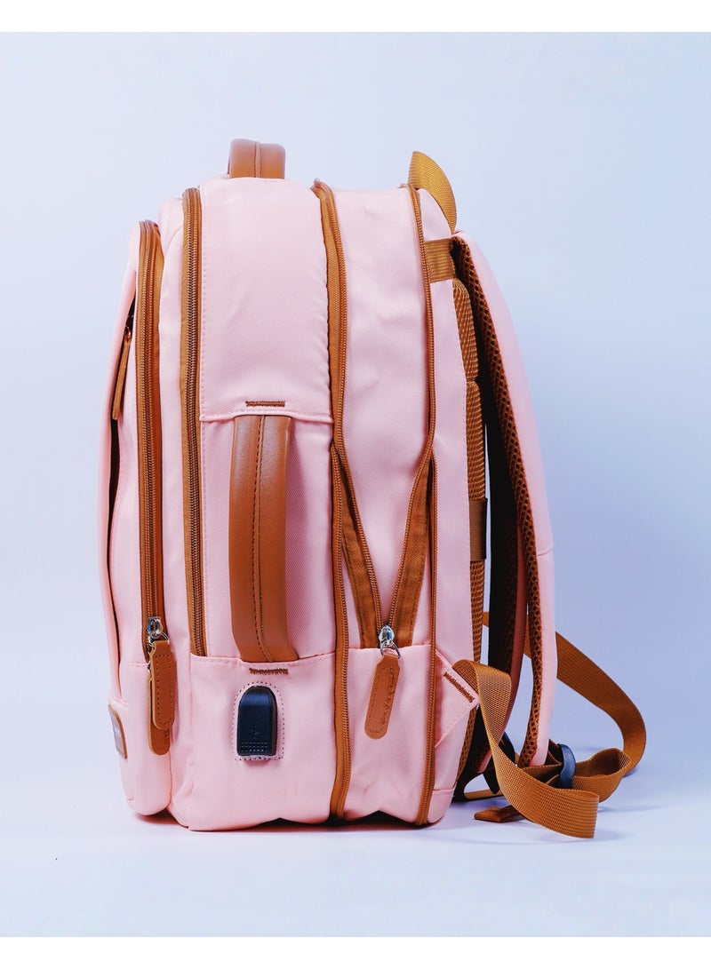 أييب حقيبة ظهر متعددة الأغراض بمقبض قابل للتمدد (EHAB) معتمدة من شركات الطيران، حقيبة كمبيوتر محمول للأعمال، مقبض جلدي مزخرف مع منفذ شحن USB، مساحة تخزين منفصلة جافة ورطبة مدمجة للرجال والنساء (وردي وردي) - Image 5