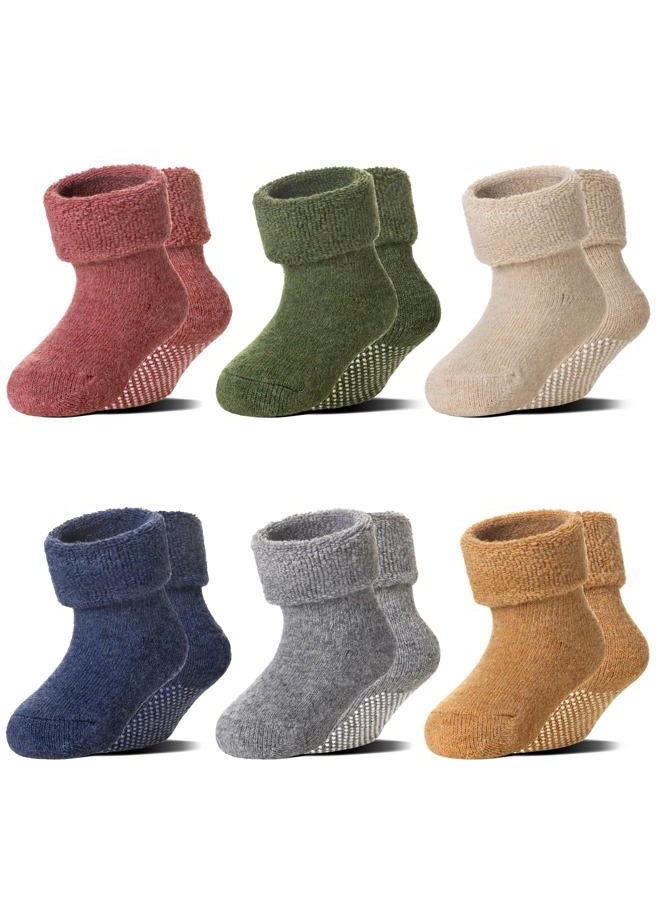 Eocom 6 Pairs Baby Boy Girl Non Slip Socks Child Toddler Winter Thick Soft Wool Kids Warm Socks with Grips (Solid Color B, 1-3T) - Image 1
