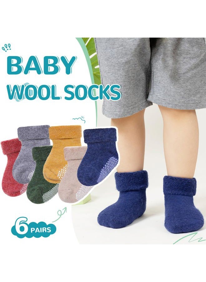 Eocom 6 Pairs Baby Boy Girl Non Slip Socks Child Toddler Winter Thick Soft Wool Kids Warm Socks with Grips (Solid Color B, 1-3T) - Image 3