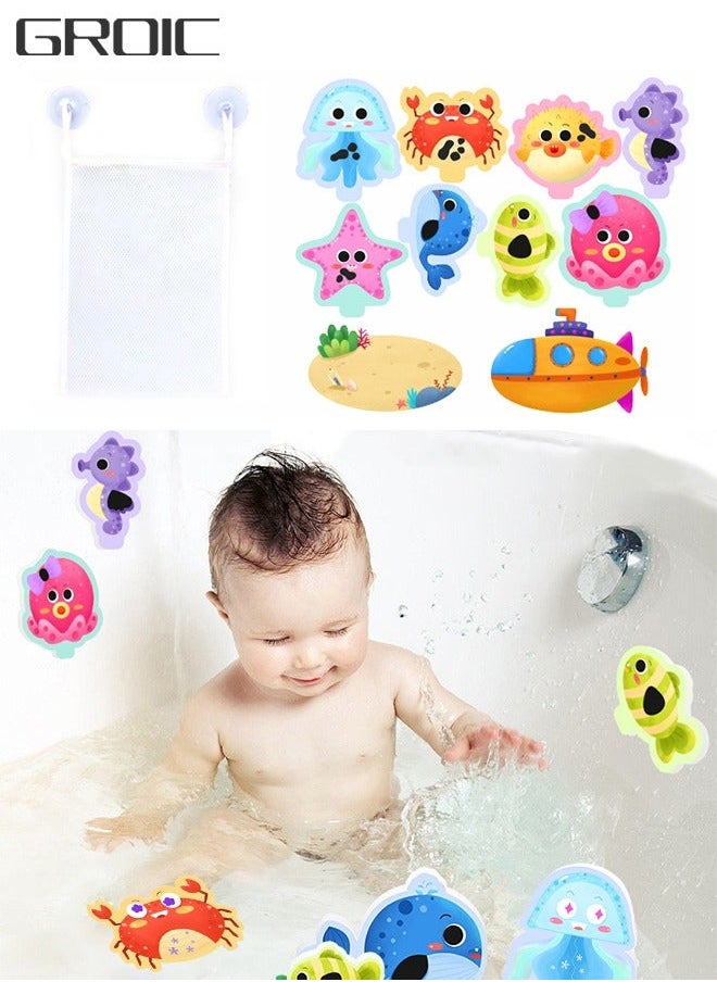 GROIC 10-PCs Bath Foam Stickers Toys with Mesh Storage Organizer Net, Fun EVA Hanging Bathtub Toy Suction Pads for Toddler Kid Bathroom Shower Eco-Safe, Fun, Educational Baby  - Image 1