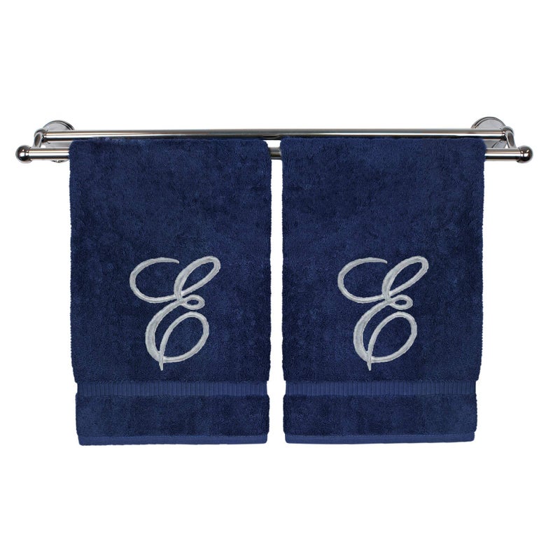 BC BARE COTTON Monogrammed Hand Towel  Personalized Gift  16 x 30 Inches - Set of 2 - Silver Embroidered Towel - Extra Absorbent 100% Turkish Cotton- Soft Terry Finish - for Bathroom  Kitchen and Spa- Script E Navy - Image 1
