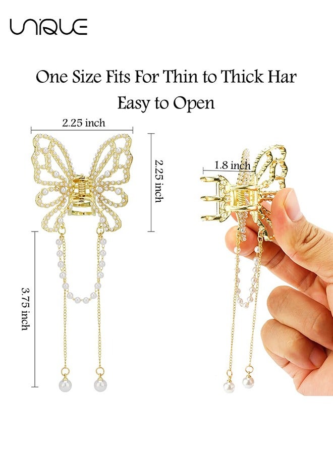Unique 2Pcs Butterfly Clips for Hair, Butterfly Hair Claw Clips with Charms, Metal Fancy Hair Clips Hair Tassel Pearl Butterfly Hair Styling Accessories for Women Girls (Hollow Pearl butterfly) - Image 2