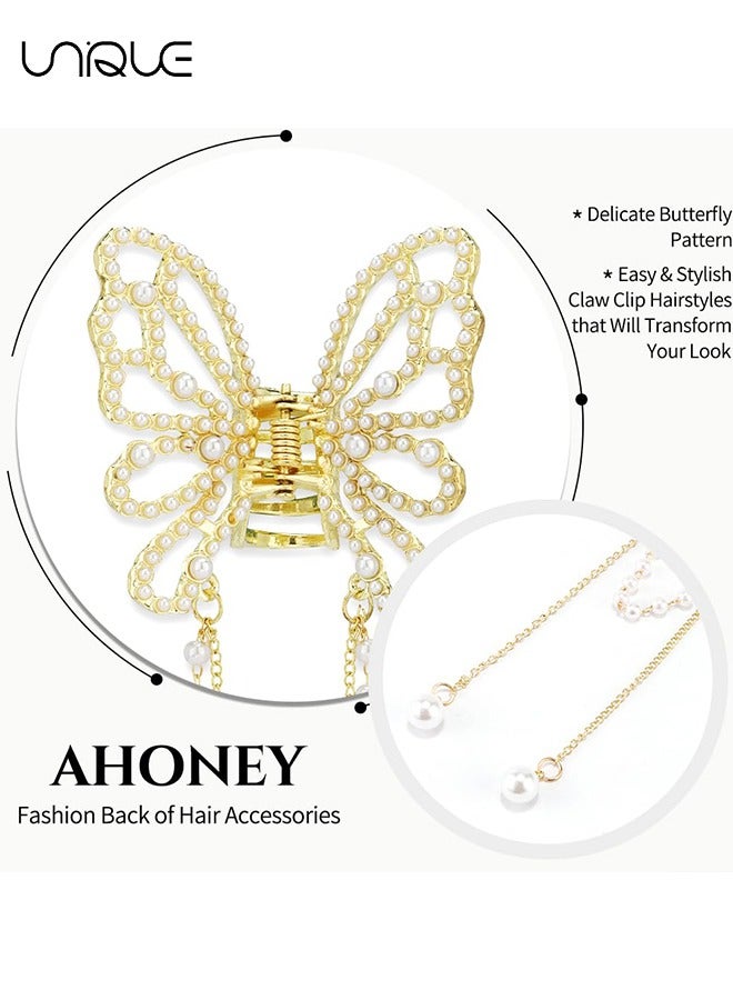 Unique 2Pcs Butterfly Clips for Hair, Butterfly Hair Claw Clips with Charms, Metal Fancy Hair Clips Hair Tassel Pearl Butterfly Hair Styling Accessories for Women Girls (Hollow Pearl butterfly) - Image 3
