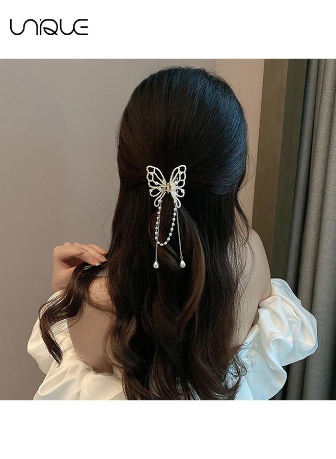 Unique 2Pcs Butterfly Clips for Hair, Butterfly Hair Claw Clips with Charms, Metal Fancy Hair Clips Hair Tassel Pearl Butterfly Hair Styling Accessories for Women Girls (Hollow Pearl butterfly) - Image 5