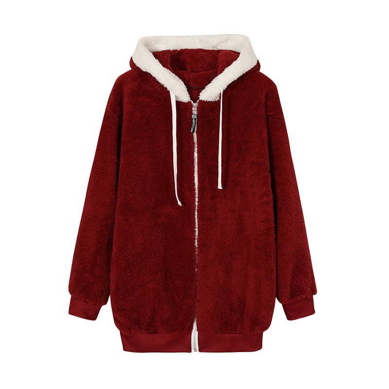 2024 Trendy Plush Zip-Up Hoodie for Women Red