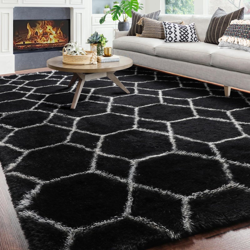 ONASAR 8x10 Area Rugs for Living Room, Fluffy Black and White Bedroom Rug, Geometric Boho Large Soft Plush Shaggy Fuzzy Floor Carpet for Nursery Kids Classroom Playroom Dorm Home Decor - Image 3